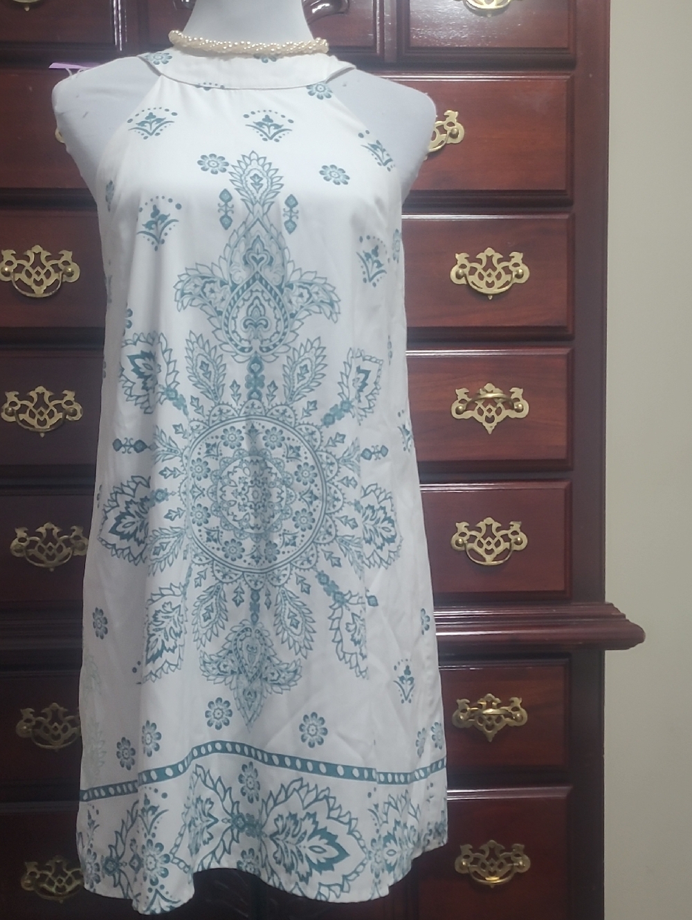 Filly Flair White Halter Dress with Teal Medallion Print Boho